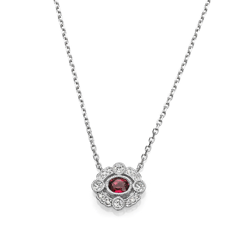 14KW RUBY & DIAMOND NECKLACE;DIAMOND=1/20 CTTW; RUBY=1/5 CTTW