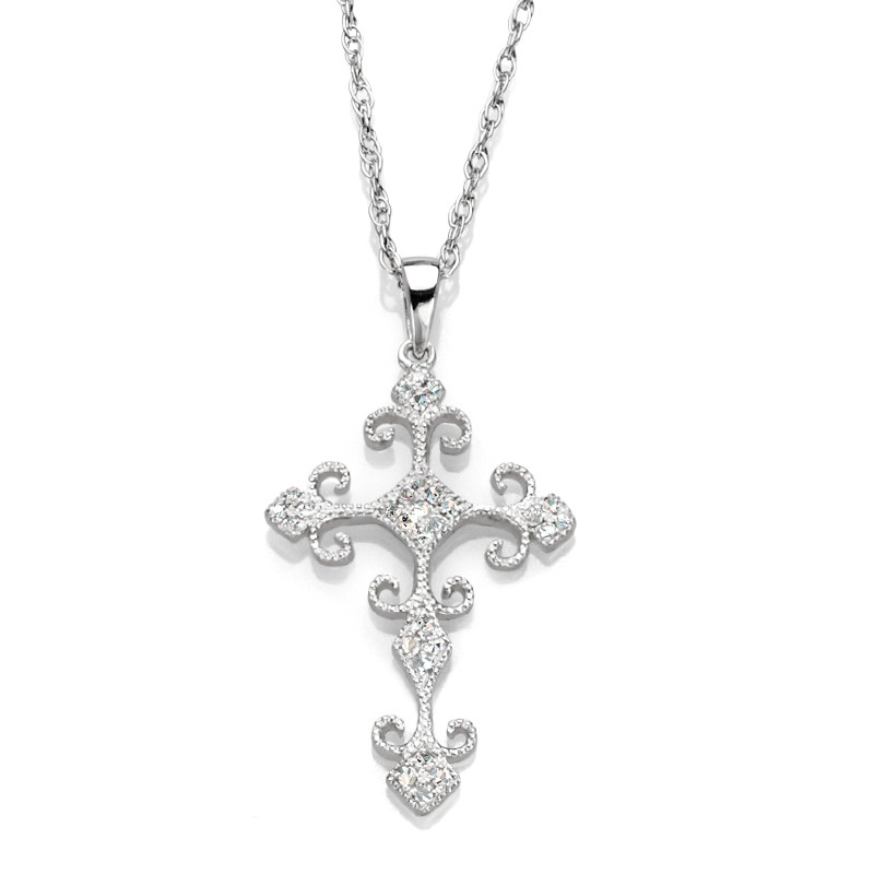 14K WHITE DIAMOND CROSS NECKLACE;DIAMOND=1/20 CTTW